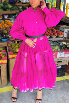 rose red Fashion Casual Patchwork Solid Mesh Without Belt Mandarin Collar Swagger Dresses