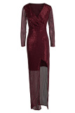 Burgundy Sexy Solid Sequins Patchwork Slit V Neck Evening Dress Dresses