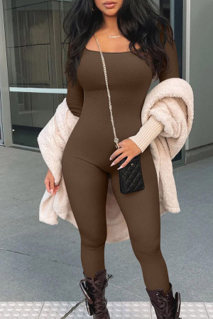Brown Casual Sportswear Solid Patchwork U Neck Skinny Jumpsuits