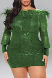 Green Sexy Solid Sequins Patchwork Feathers Off the Shoulder Pencil Skirt Dresses