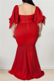 Red Fashion Sexy Plus Size Solid Backless Slit Square Collar Evening Dress