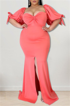 Pink Fashion Sexy Plus Size Solid Backless Slit Square Collar Evening Dress