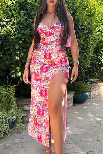 Sexy Floral Print Hollow Out Backless U Neck Sling Dresses