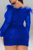 Blue Sexy Solid Sequins Patchwork Feathers Off the Shoulder Pencil Skirt Dresses