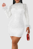 White Sexy Solid Sequins Patchwork Feathers O Neck Pencil Skirt Dresses