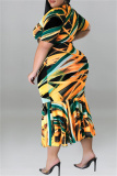 Orange Fashion Casual Print Patchwork O Neck Short Sleeve Dress Plus Size Dresses