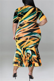 Orange Fashion Casual Print Patchwork O Neck Short Sleeve Dress Plus Size Dresses