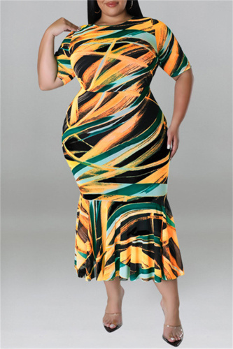 Orange Fashion Casual Print Patchwork O Neck Short Sleeve Dress Plus Size Dresses