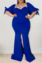 Blue Fashion Sexy Plus Size Solid Backless Slit Square Collar Evening Dress