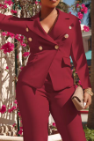 Rose Red Fashion Solid Buckle Turndown Collar Long Sleeve Two Pieces