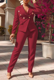 Deep Red Fashion Solid Buckle Turndown Collar Long Sleeve Two Pieces