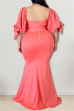 Pink Fashion Sexy Plus Size Solid Backless Slit Square Collar Evening Dress