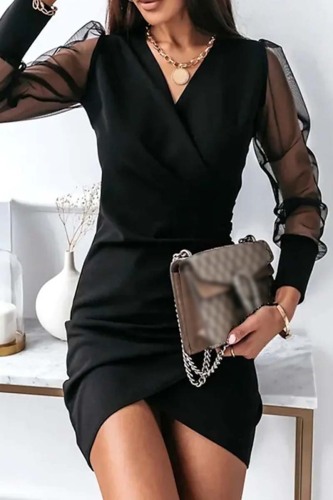 Black Casual Solid Patchwork See-through V Neck Long Sleeve Dresses