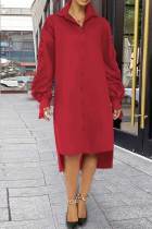 Red Casual Solid Patchwork Buckle Fold Turndown Collar Shirt Dress Plus Size Dresses