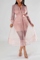 Pink Casual Solid Bandage Patchwork Buckle Turndown Collar Long Sleeve Two Pieces
