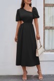 Black Casual Solid Hollowed Out Oblique Collar Short Sleeve Dress Dresses