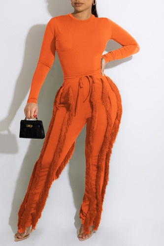 Tangerine Red Casual Solid Tassel Patchwork O Neck Long Sleeve Two Pieces