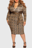 White Casual Print Patchwork Zipper Collar One Step Skirt Plus Size Dresses