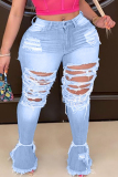 Plus Size Black Street Solid Ripped Patchwork Jeans