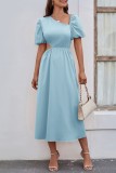 Sky Blue Casual Solid Hollowed Out Oblique Collar Short Sleeve Dress Dresses
