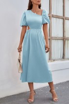 Sky Blue Casual Solid Hollowed Out Oblique Collar Short Sleeve Dress Dresses