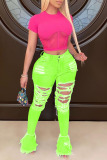 Plus Size Fluorescent Green Street Solid Ripped Patchwork Jeans