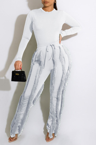 White Casual Solid Tassel Patchwork O Neck Long Sleeve Two Pieces