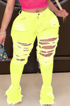 Plus Size Yellow Street Solid Ripped Patchwork Jeans