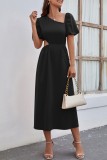 Black Casual Solid Hollowed Out Oblique Collar Short Sleeve Dress Dresses