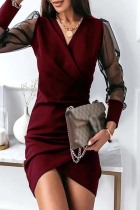Burgundy Casual Solid Patchwork See-through V Neck Long Sleeve Dresses