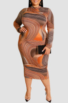 Black Orange Casual Print Patchwork Zipper Collar One Step Skirt Plus Size Dresses