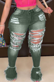 Plus Size Fluorescent Green Street Solid Ripped Patchwork Jeans