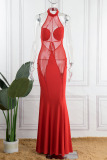 Red Sexy Solid Patchwork See-through O Neck Straight Dresses