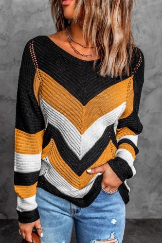 Yellow Casual Patchwork Contrast O Neck Tops