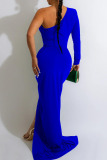 Blue Sexy Solid Patchwork Fold Oblique Collar Long Dress Dresses
