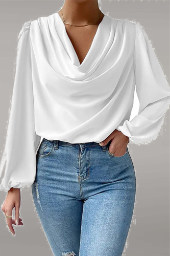 White Casual Solid Patchwork U Neck Tops