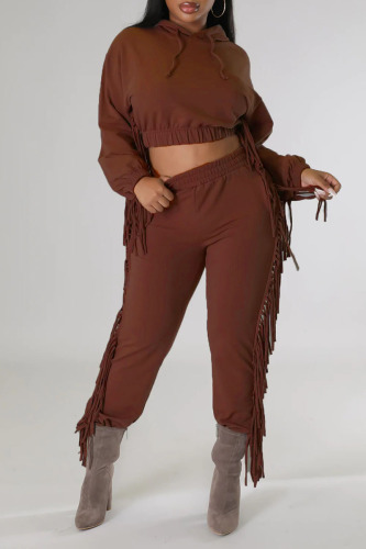 Coffee Casual Street Solid Tassel Patchwork Hooded Collar Long Sleeve Two Pieces