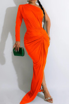 Orange Sexy Solid Patchwork Fold Oblique Collar Long Dress Dresses