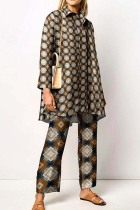 Brown Casual Print Patchwork Shirt Collar Long Sleeve Two Pieces