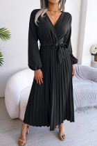 Black Elegant Solid Frenulum Fold V Neck Pleated Dresses