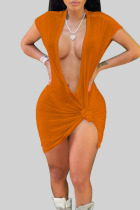 Tangerine Red Sexy Solid Patchwork V Neck A Line Dresses