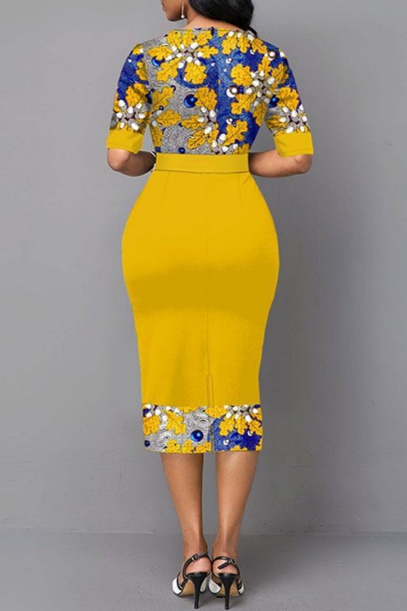 Wholesale Yellow Casual Print Patchwork O Neck Short Sleeve Dress