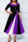 Purple Casual Patchwork Contrast Oblique Collar A Line Dresses