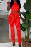 Red Sexy Patchwork Hot Drilling See-through Turtleneck Sleeveless Two Pieces