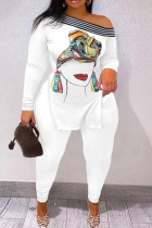 White Casual Print Solid Patchwork Slit Oblique Collar Plus Size Two Pieces