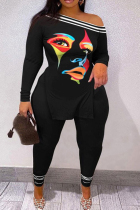 Black Casual Print Solid Patchwork Slit Oblique Collar Plus Size Two Pieces