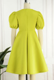 Green Yellow Casual Solid Patchwork O Neck A Line Dresses