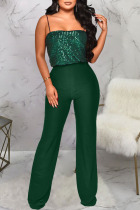Green Sexy Solid Sequins Patchwork Spaghetti Strap Straight Jumpsuits
