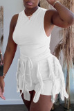White Casual Solid Tassel Patchwork O Neck Sleeveless Two Pieces