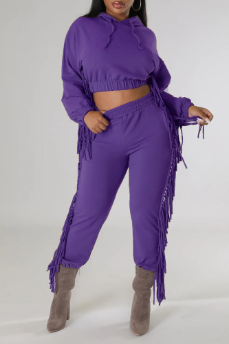 Purple Casual Street Solid Tassel Patchwork Hooded Collar Long Sleeve Two Pieces